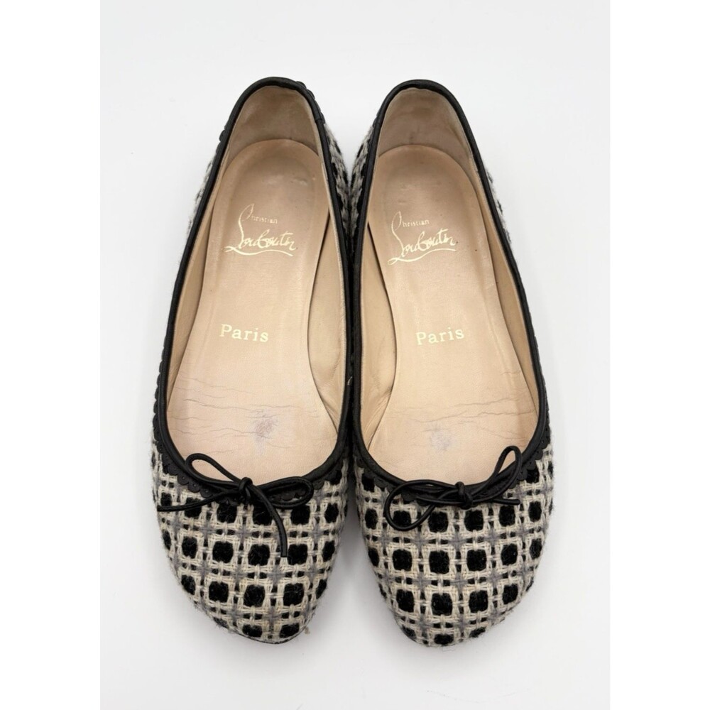 Christian Louboutin Black & White Tweed Ballet Flats w/ Ribbon Detail Sz EU 37